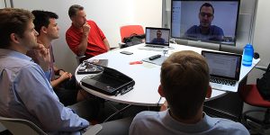 Photo of Jason Mueller meeting his startup team Kast Clothing via Skype