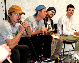 Keegan Guizard (left) is commentator at the Collegiate Skate Tour's third annual contest event held at the Transworld Skateboarding HQ Skatepark, along with content judges pro skateboarder Kenny Hoyle, CSEF Board Member Thomas Barker and pro skateboarder and full-time student at CSU Fullerton, Zachary "Ducky" Kovacs