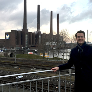 Cody Nagy with the VW plant in Wolfsburg, Germany, in the background.