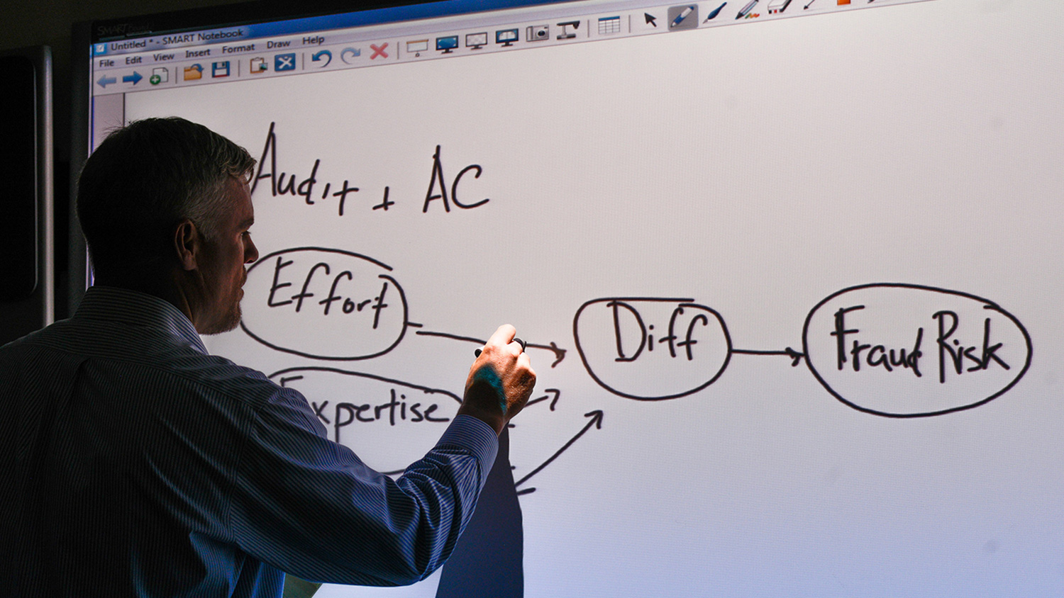 Photo of Joseph Brazel, Jenkins Distinguished Professor of Accounting, demonstrating a concept at a white board.