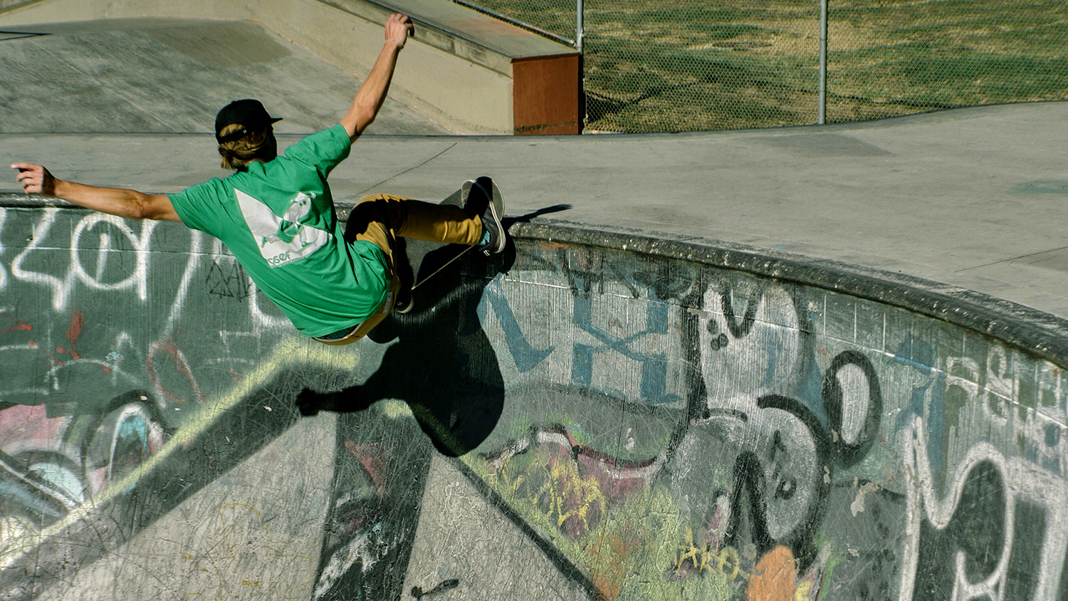 Poole alumnus Keegan Guizard doing a 'frontside grind' at his 'now local' Garvanza Skatepark in Highland Park, Calif.