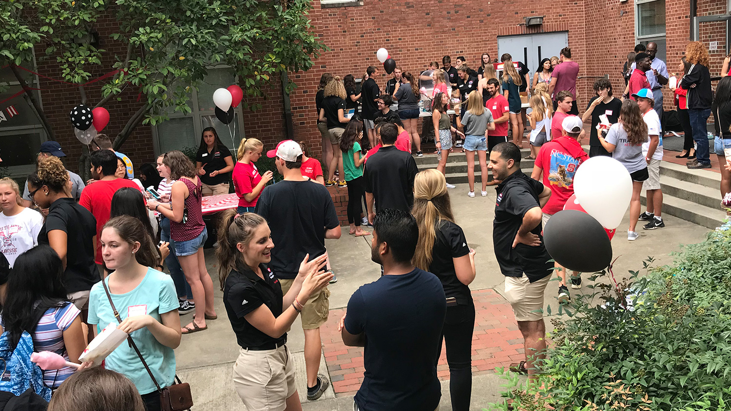 New Poole College undergraduate students were welcomed by the college's Peer Leaders in the Nelson Hall courtyard.