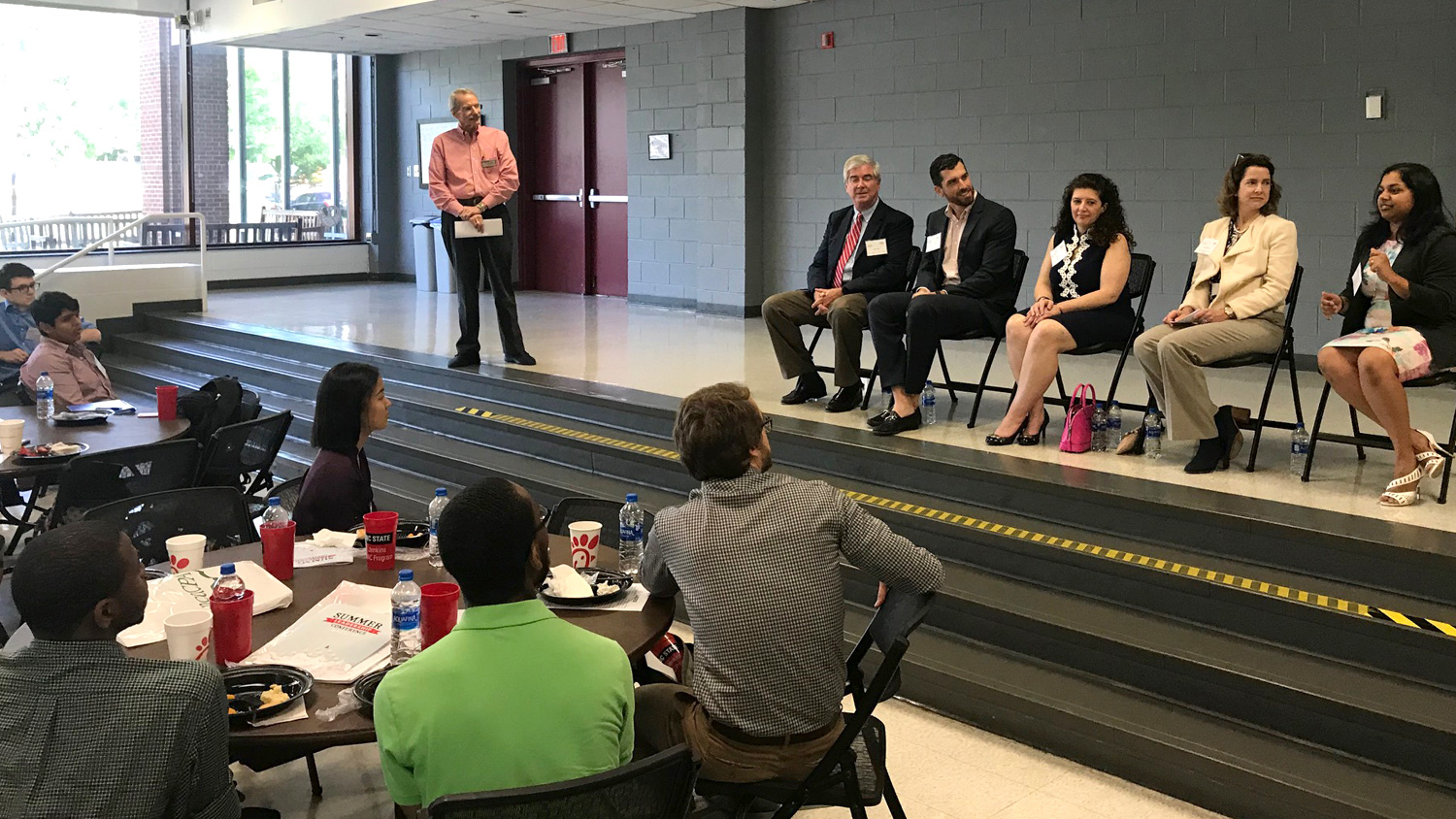 Accounting professionals and students discuss accounting career paths at 2019 NCACPA Leadership Conference at NC State University. Panelists, left to right, are David Erwin, NC Department of State Treasurer; Jared Korver, Beacon Wealthcare; Amy Hilliard, Dixon Hughes Goodman; Alice Mariano, NC Farm Bureau Mutual Insurance Company; Abi Raja, Ply Gem.