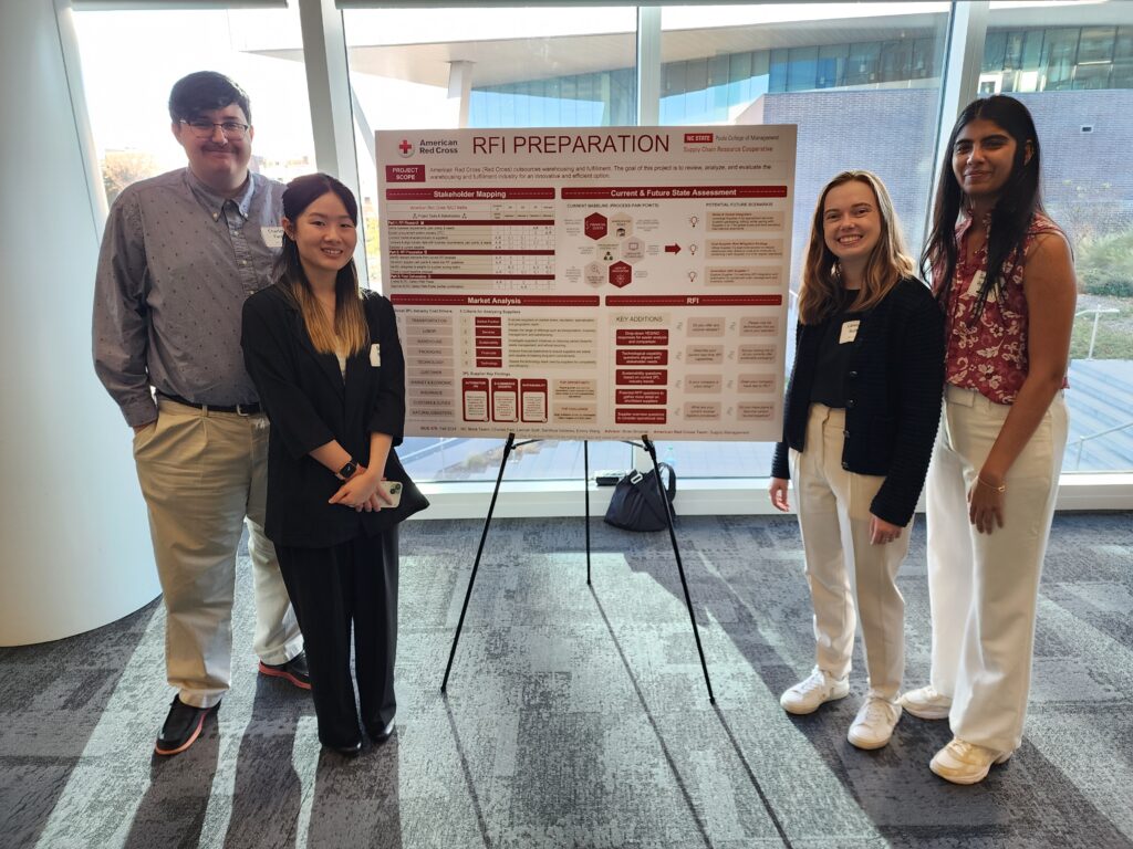 four students in front of board