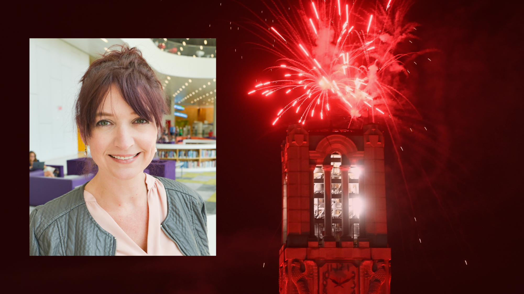 Jennifer Capps smiling and fireworks over the clocktower