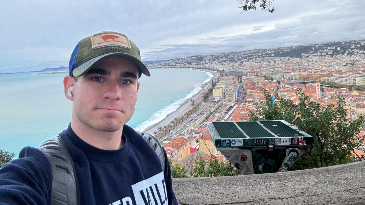 A selfie by a student in front of the bay in Nice