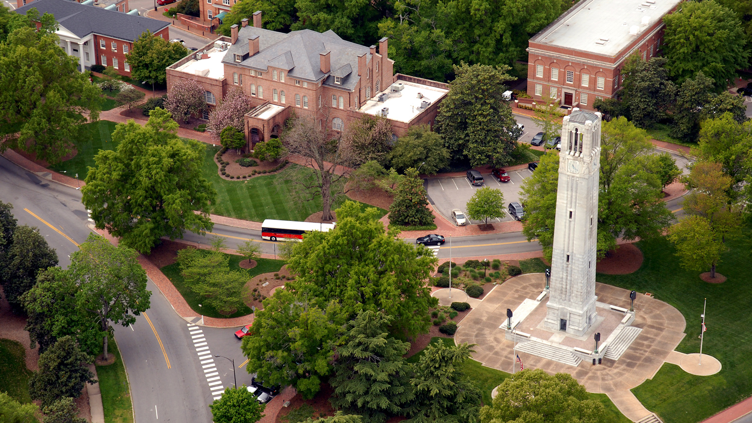 Aerial of the belltower and Holladay Hall