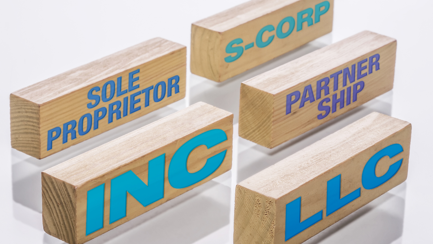 Building blocks show names of corporate entity types: LLC, INC, partnership, s-corp, sole prioprieter.