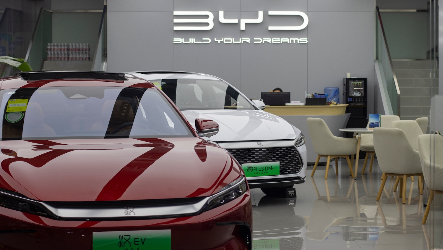 Two electric cars in a dealership in China