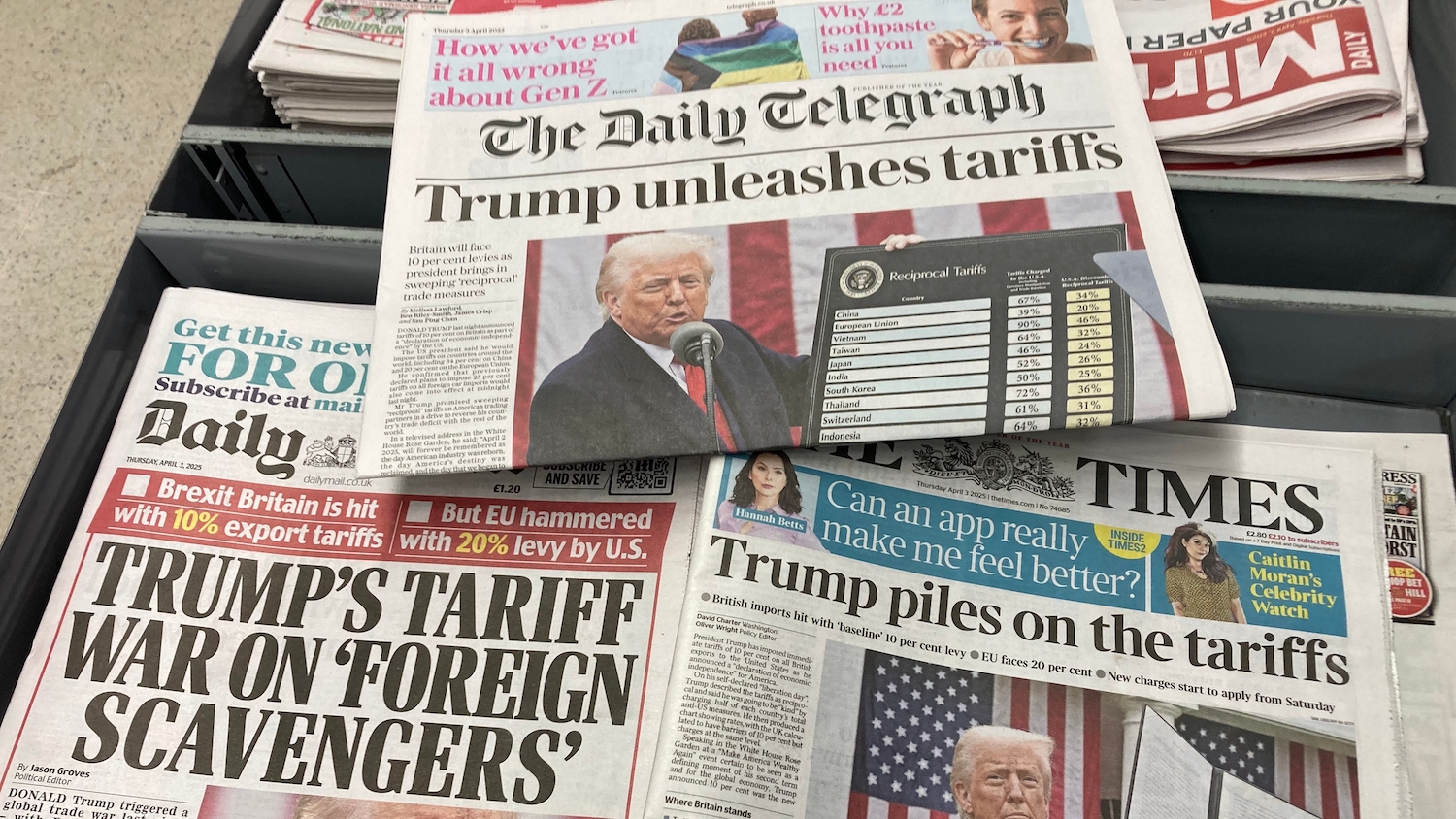 Copy of three British newspapers from early April 2025 carry headlines about President Donald Trump's tariffs: "Trump unleashes tariffs," "Trump's tariff war on 'foreign scavengers,'" "Trump piles on the tariffs."