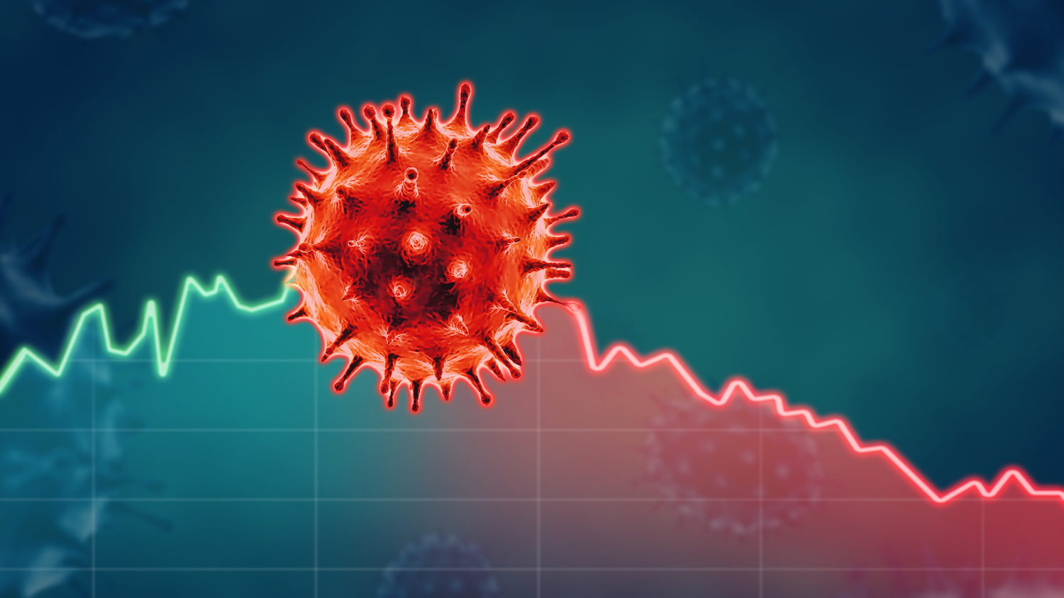 Illustration of a spiky red virus molecule traveling along jagged plot line. To the right of the molecule (which is about 2/3 of the way across), the plot line is red. To the left, it's green.