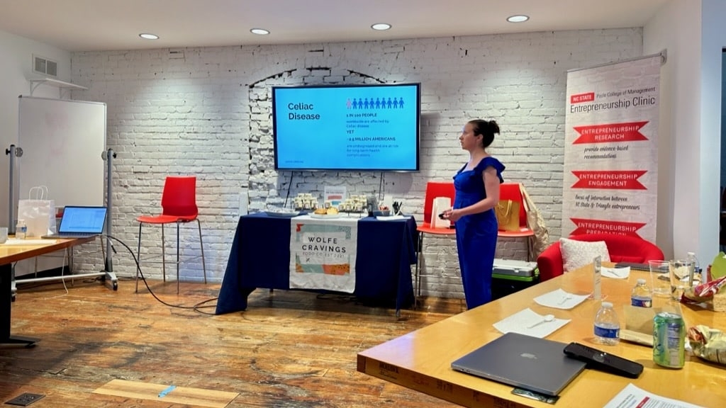 Anna stands in fromntof the class and does her pitch presentation